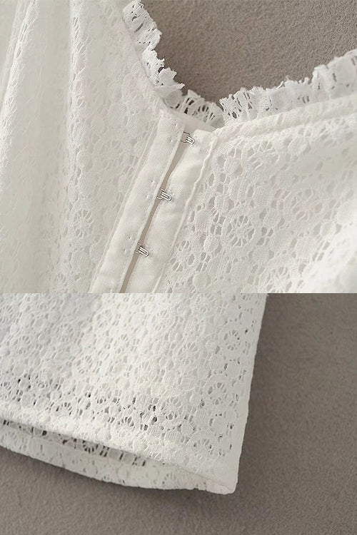 Lace Floral Eyelet Sweetheart Neck Button Front Fit and Flare Mini Dress