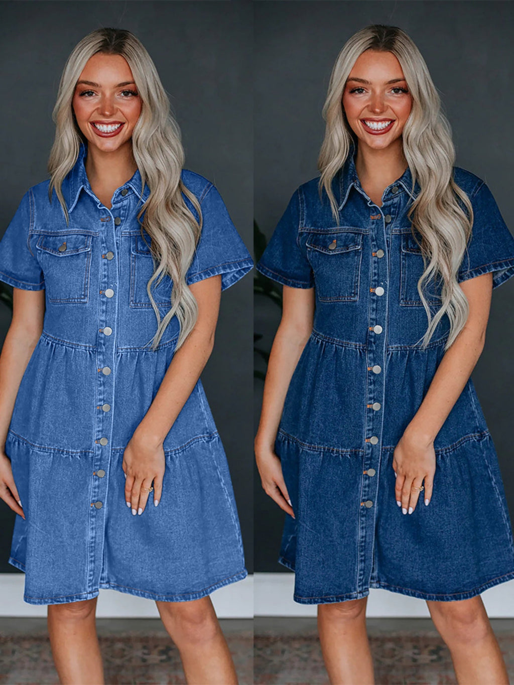 Denim Buttons Short-sleeved Collar Mini&Short Dresses