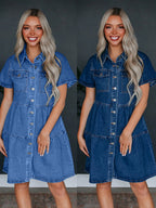 Denim Buttons Short-sleeved Collar Mini&Short Dresses