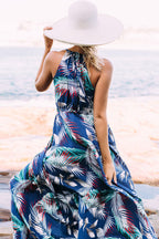 Tropical Palm Leaf Print Halter Neck Sleeveless Maxi Dress