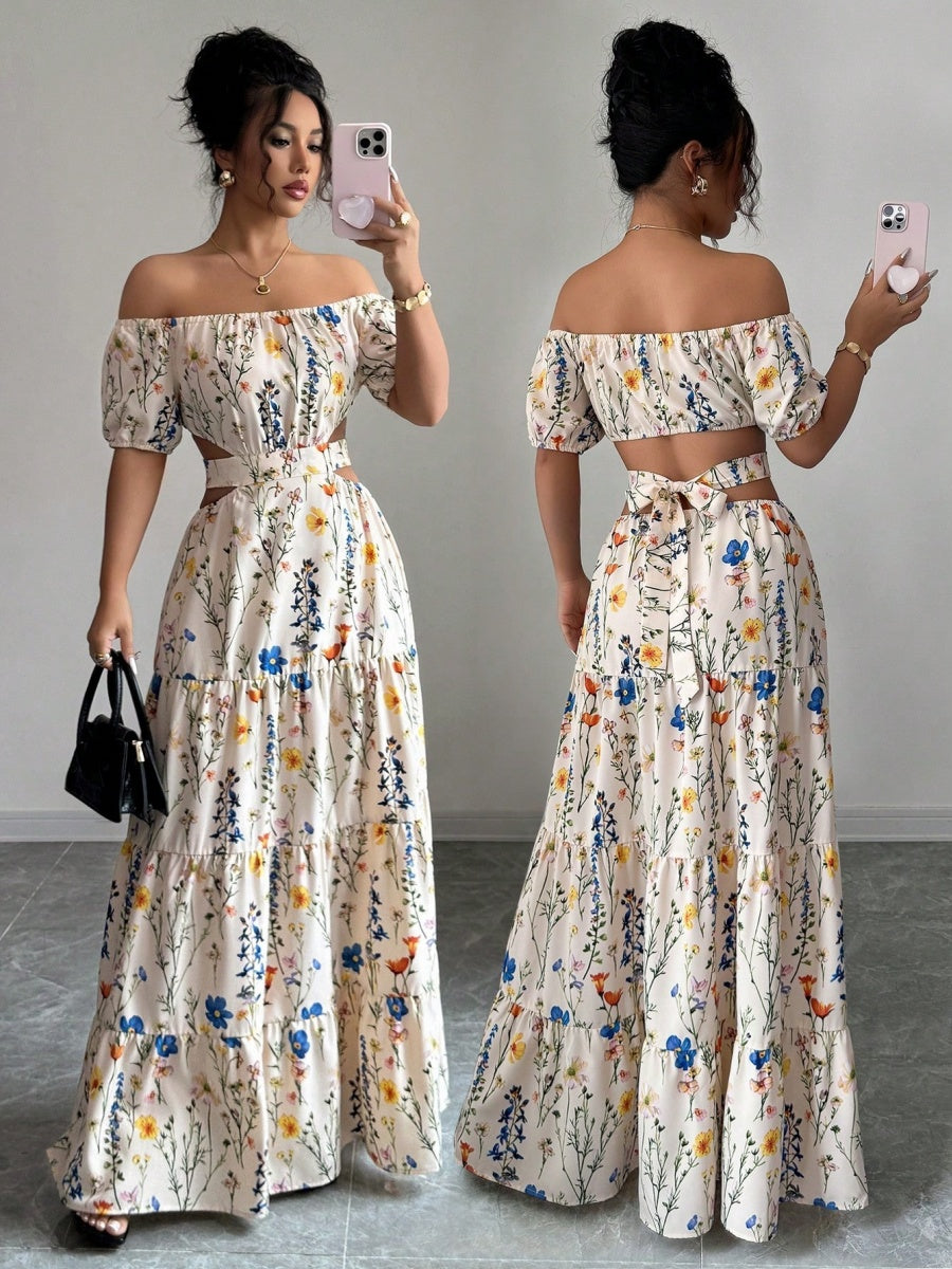 Floral Print Backless And Off-shoulder Long Dress