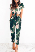 Short Sleeve Crop Top and Pants Leaves Printed Outfits
