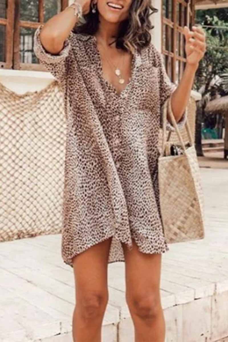 Print Button Front Roll Sleeve Shirt Mini Dress