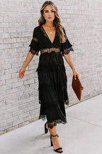 Deep V Neck Lace Trim Tiered Layered Ruffle Midi Dress