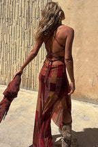 Scoop Neck Spaghetti Strap Patchwork Geometric Print Maxi Dress