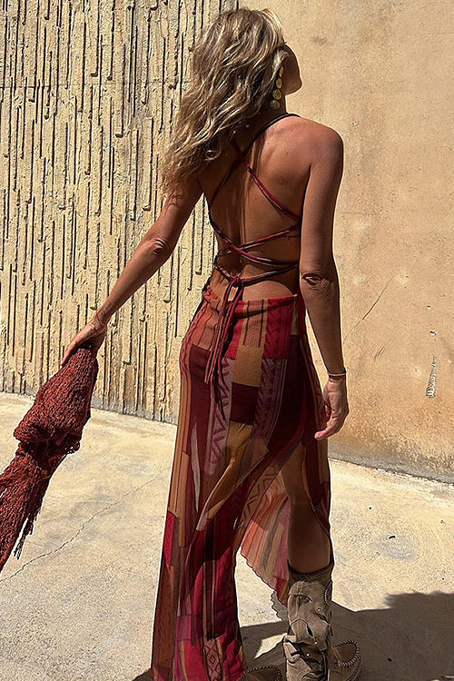 Scoop Neck Spaghetti Strap Patchwork Geometric Print Maxi Dress