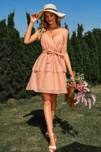 Surplice Wrap Spaghetti Strap Self Tie Tiered Ruffle Crinkle Mini Dress