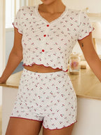 Printed Button Lace Short Sleeves And Shorts Pajama Set