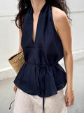 Cotton Blend Halter Navy Blue Lace Up Comfort Temperament Commuting Tank Tops
