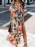 V-neck Short-sleeved Floral Print High-slit Long Dress