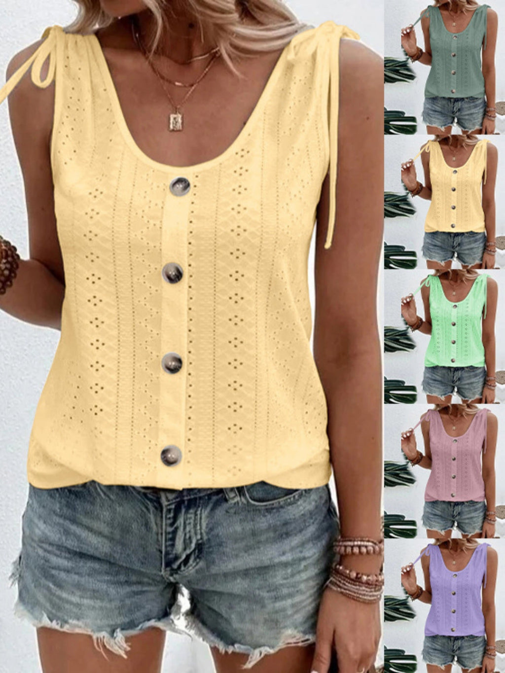Jacquard Hollow Out Straps Buttons U-neck Vest