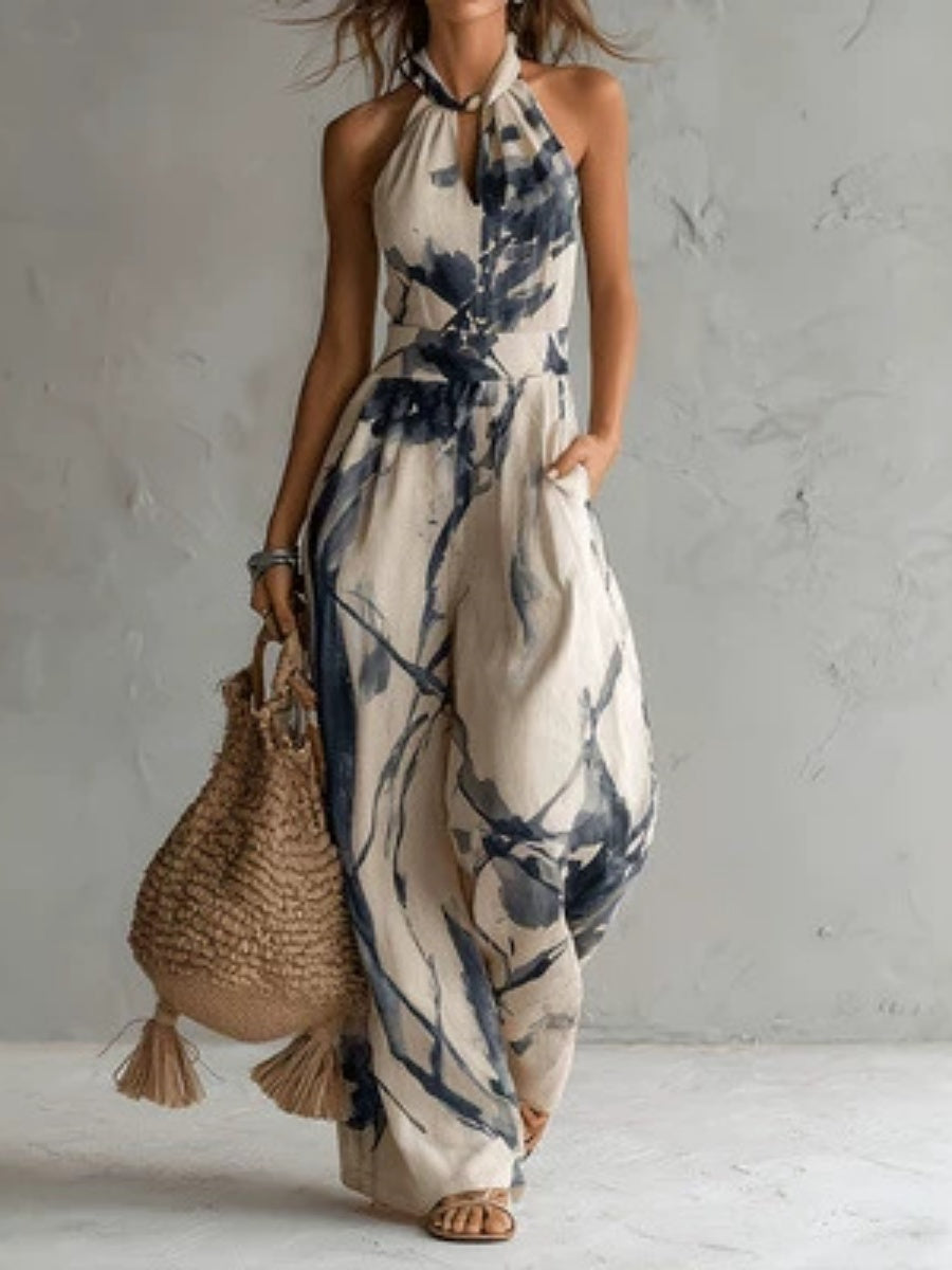 Ink And Wash Printing Halter Wide-leg Pants Temperament Jumpsuits