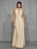 Off-shoulder And Backless Solid Color Halter Neck Long Dress