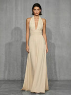 Off-shoulder And Backless Solid Color Halter Neck Long Dress
