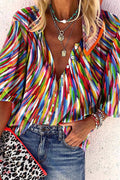 V Neck Button Down Contrast Print Blouse Shirt