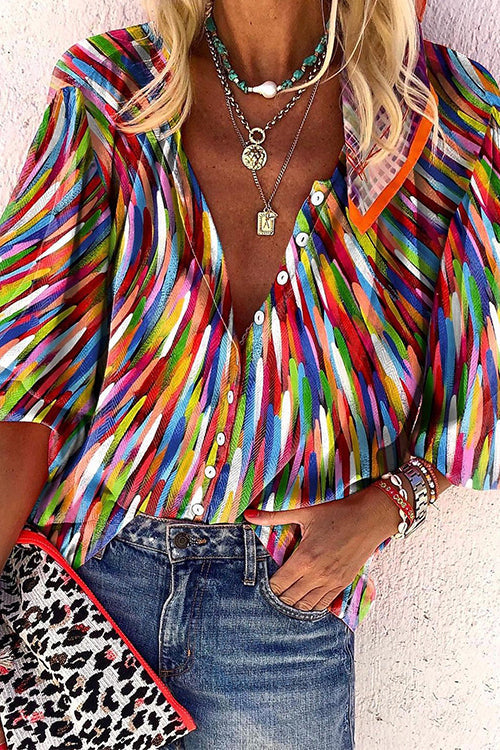 V Neck Button Down Contrast Print Blouse Shirt