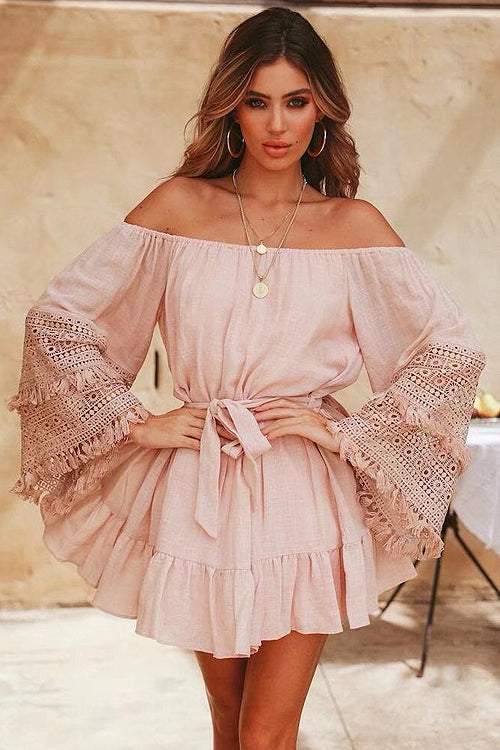 Off-the-Shoulder Bell Sleeve Eyelet Lace Fringe Trim Tie Waist Wrap Mini Dress
