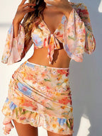 Floral Print Ruffled Bikini Four-Piece Set