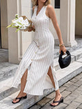 V-neck Sleeveless Slit Button Stripes Maxi Dresses