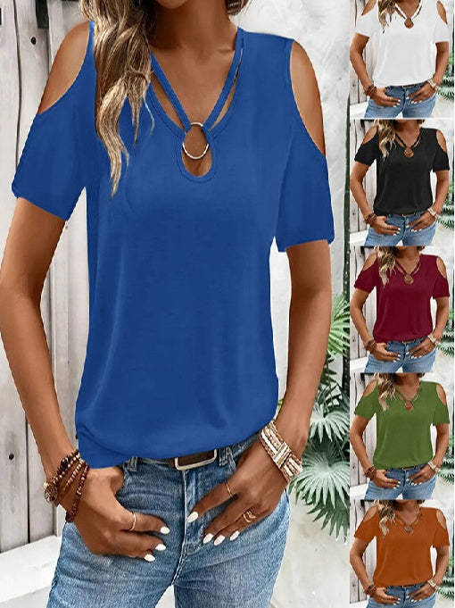 Hollowed-out Cross Off-shoulder V-neck Short Sleeve T-shirts