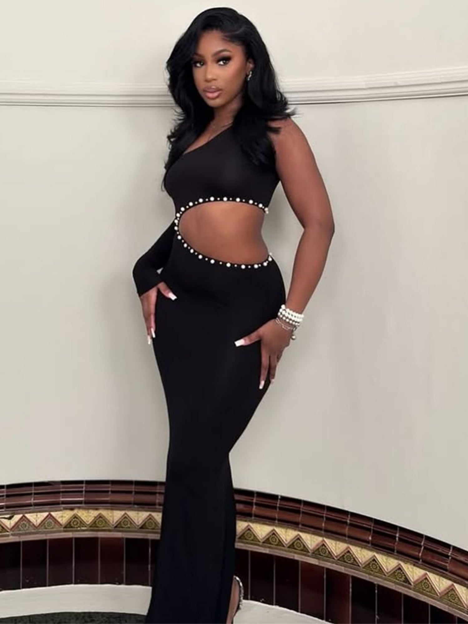 Diamond Pearl Cutout Waist One Shoulder Maxi Dresses