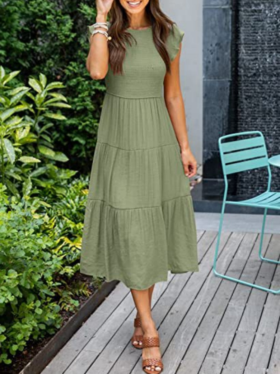Solid Color Ruched Layered Short-sleeved Maxi Dress