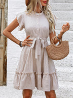 Polka Dots Lotus Leaf Sleeves A-line Skirt Lace Up Mini&Short Dresses