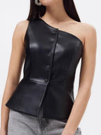 PU Leather Sleeveless, Off-shoulder, One-shoulder Single-breasted Cropped Vest