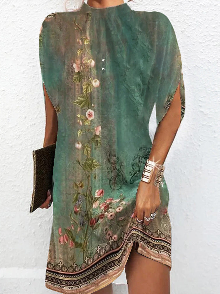 Floral Vine Border Print Round Neck Shift Mini Dress
