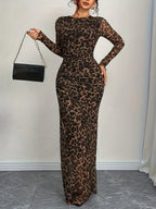 Leopard Print See-through Mesh Slimming And Waist-cinching Long-sleeved Long Dress
