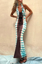 Halter Backless Ruffle Trim Color Block Tie Dye Maxi Dress
