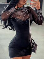 Hot Rhinestones Splicing Perspective Mini&Short Dresses