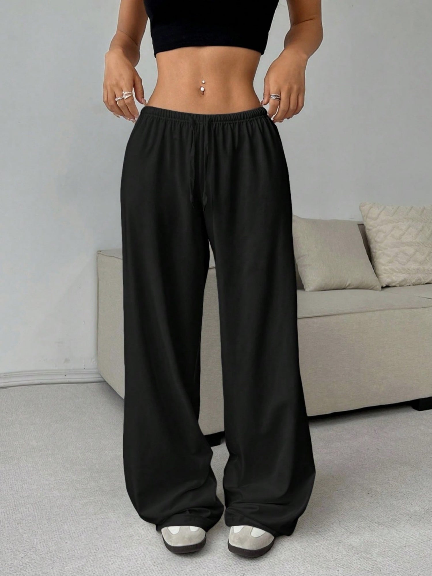 Elastic Waistband Lace Up Wide-leg Pants