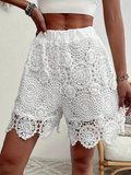Lace-trimmed Mid-waist Solid Color Straight Leg Shorts