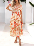 Square Neck Short-sleeved Chiffon Long Dress With A Fitted Waist And Floral Print