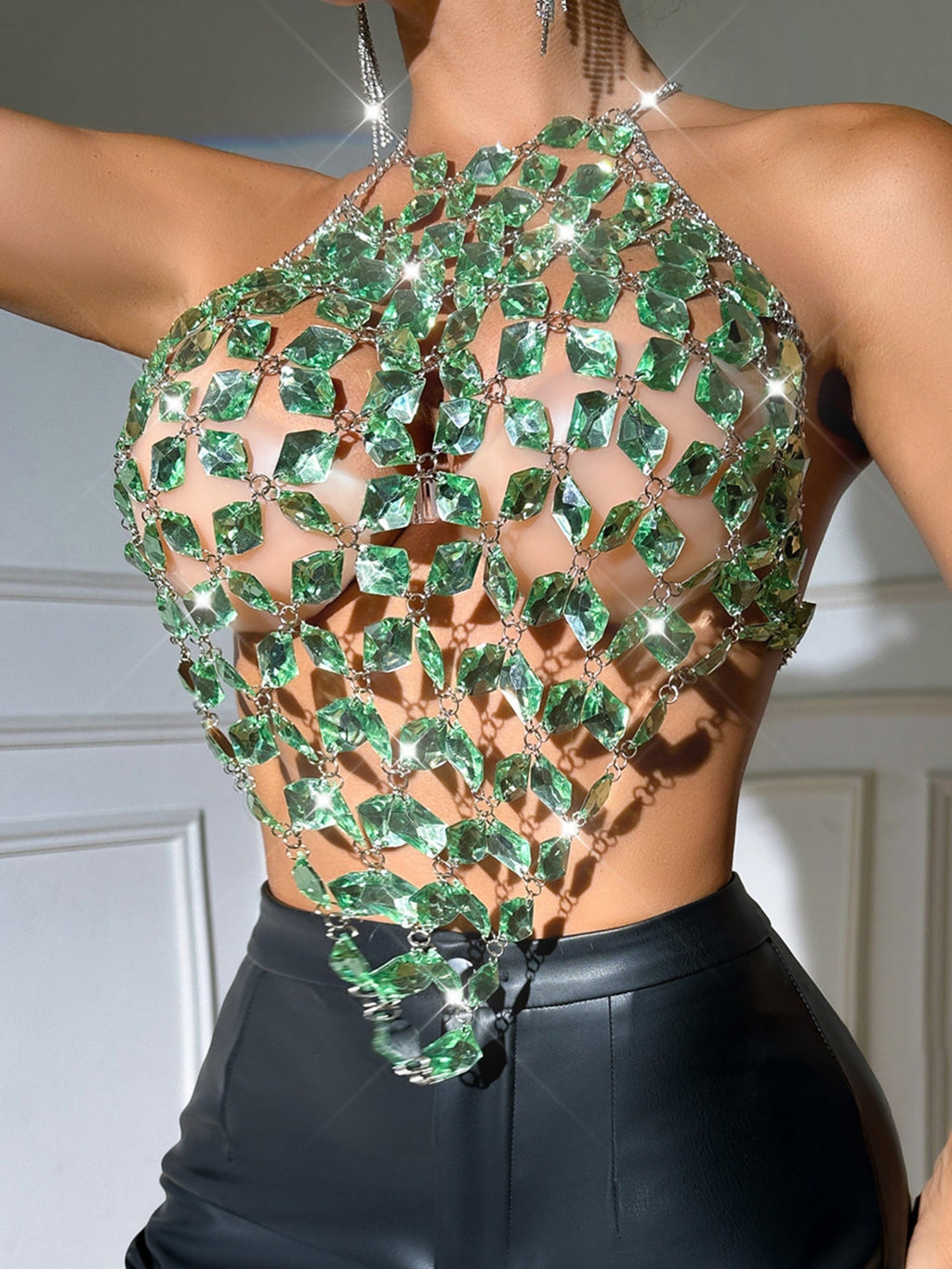 Diamond-studded Openwork Chain Splicing Halter Neck And Backless Tank Tops&Camis