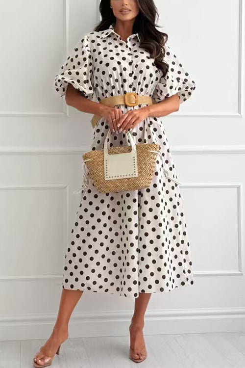 Lapel Lantern Short Sleeves Button Up Polka Dot Midi Dress