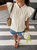 Lotus Leaf Sleeves Lace Up Buttons Stand Collar T-shirts