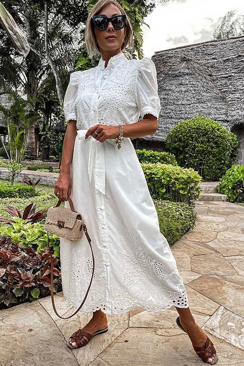 Pineapple Eyelet Embroidery Puff Sleeve Shirt Collar Button Midi Dress