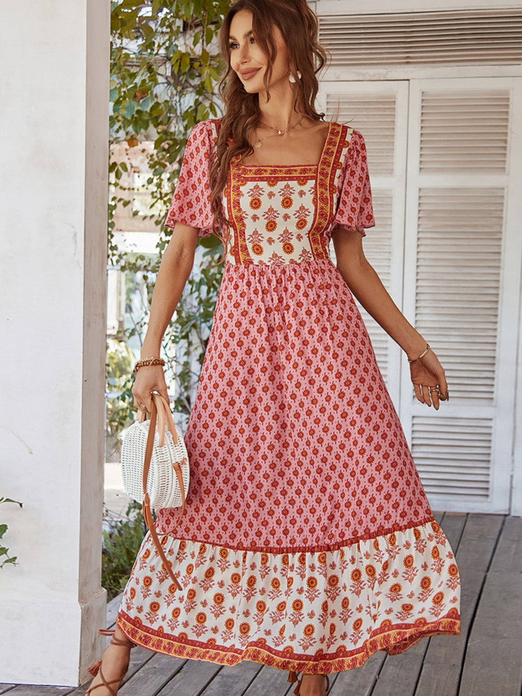 Printed Color-blocked Square Neck Short Sleeve Maxi Dresses