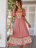 Printed Color-blocked Square Neck Short Sleeve Maxi Dresses