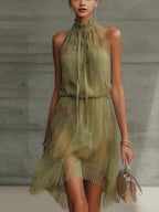 V-neck, Fitted Waist, Ruffled Midi Dress