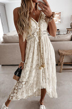 Lace Pom-Pom Drawstring Deep V-Neck High-Low Maxi Dress