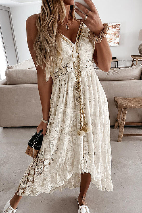 Lace Pom-Pom Drawstring Deep V-Neck High-Low Maxi Dress