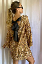 Long Sleeve Sequin Open Back Bow Detail Mini Dress