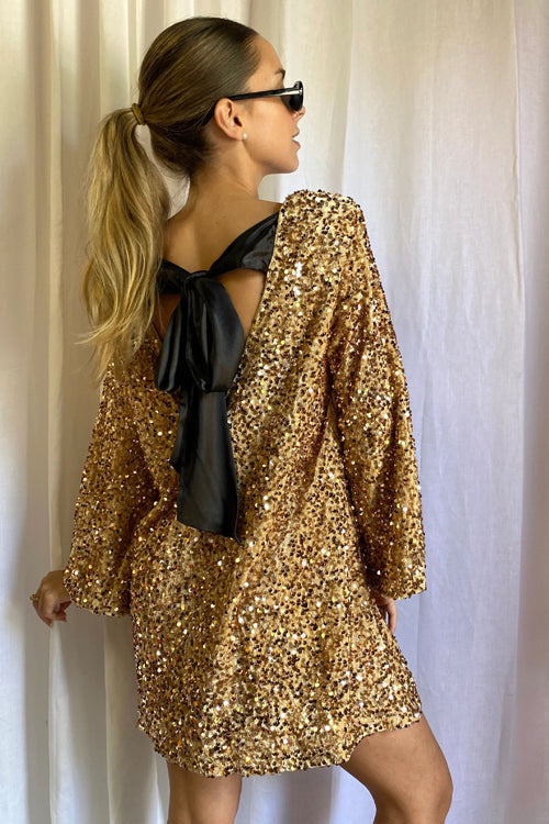Long Sleeve Sequin Open Back Bow Detail Mini Dress