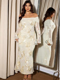 Long-sleeved, Fitted, Off-shoulder, Pleated Floral Jacquard Mesh Maxi Dress