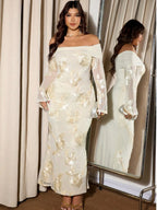 Long-sleeved, Fitted, Off-shoulder, Pleated Floral Jacquard Mesh Maxi Dress