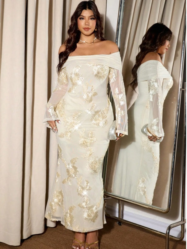 Long-sleeved, Fitted, Off-shoulder, Pleated Floral Jacquard Mesh Maxi Dress
