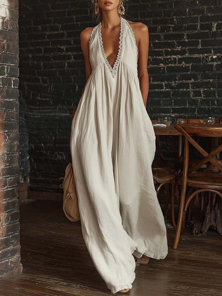 Elegant And Comfortable Lace-trimmed Loose Linen Jumpsuit